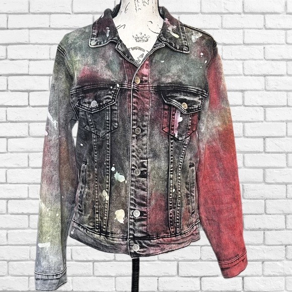 Embellish NYC Mens Multi Color Paint Splatter Denim Trucker Jacket Red Size M - Picture 2 of 8